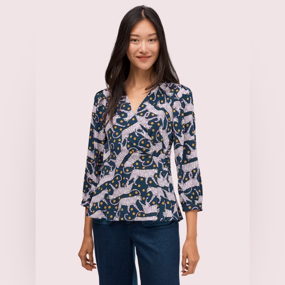 Women’s Kate Spade New York Panther Dot Wrap Whimsical Feminine Top Blouse sz 4